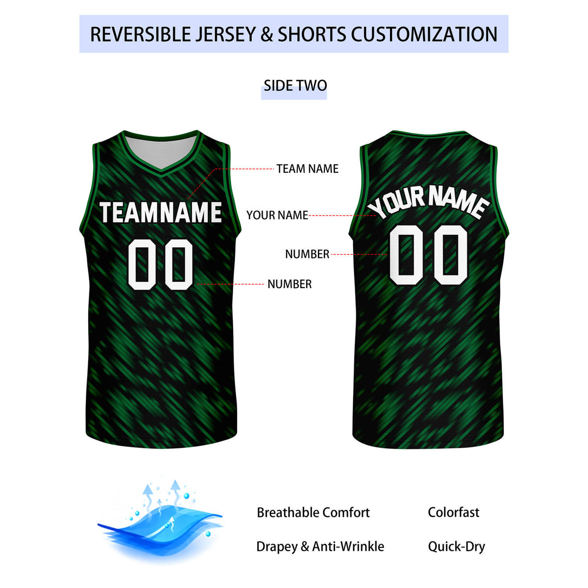 Custom Reversible White Green Stripe Basketball Jersey | Team & Player Name - Vosoli