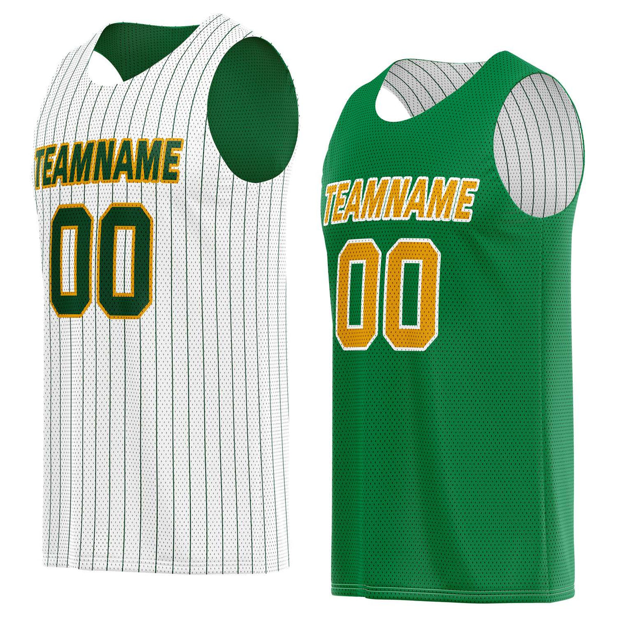 Custom Reversible White Green Pinstripe Basketball Jersey, Personalized Team Name Number Breathable Mesh Uniform for Men Women Youth