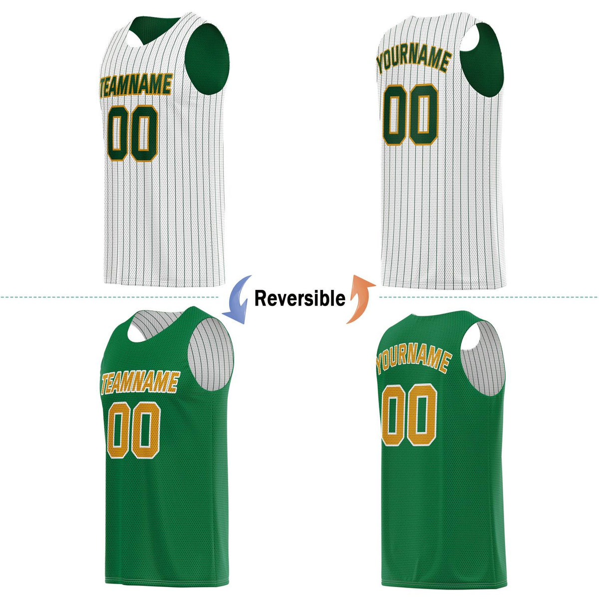 Custom Reversible White Green Striped Basketball Jersey | Personalized Team Name, Number & LOGO | Vosoli
