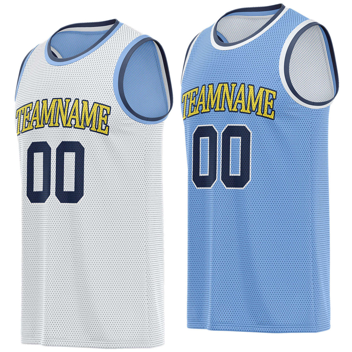 Custom reversible white &amp; light blue basketball jersey, personalized team name number logo breathable mesh sports top for men women youth game practice - Vosoli