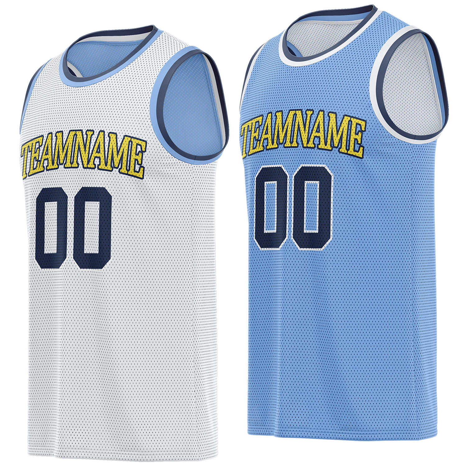 Custom reversible white & light blue basketball jersey, personalized team name number logo breathable mesh sports top for men women youth game practice - Vosoli