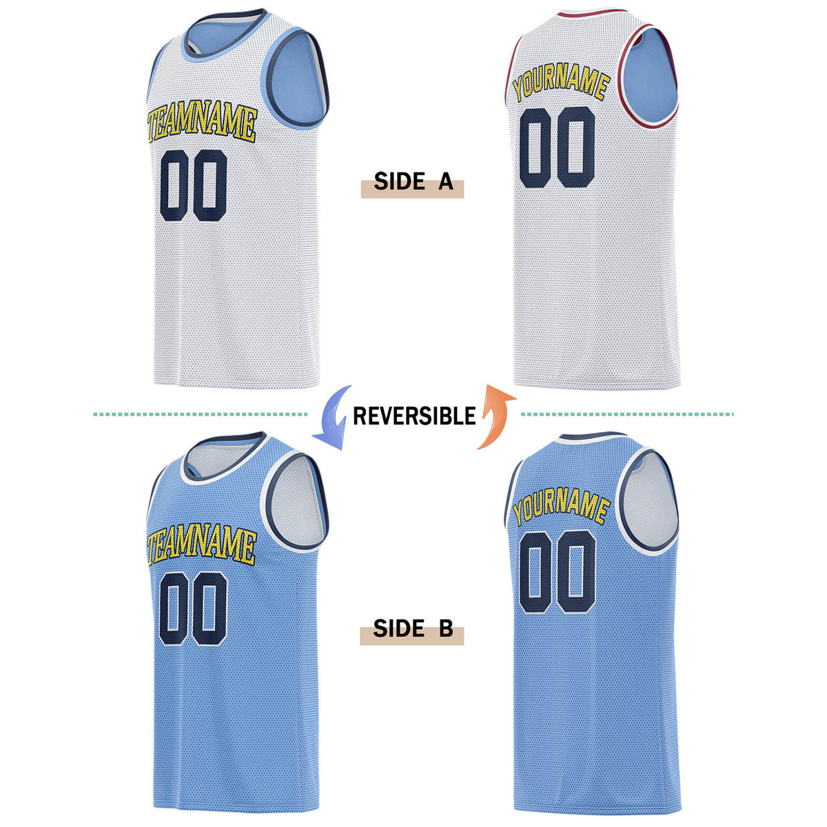 Custom Reversible White & Light Blue Basketball Jersey | Personalized for Team Sports - Vosoli