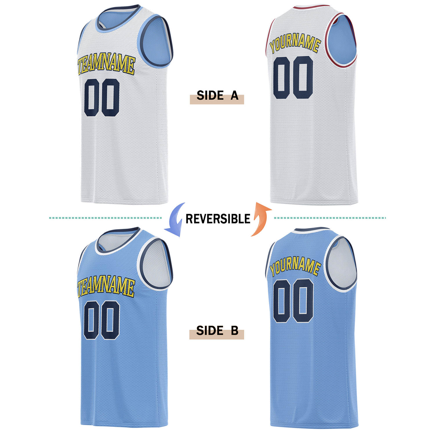 Custom Reversible White & Light Blue Basketball Jersey | Personalized for Team Sports - Vosoli