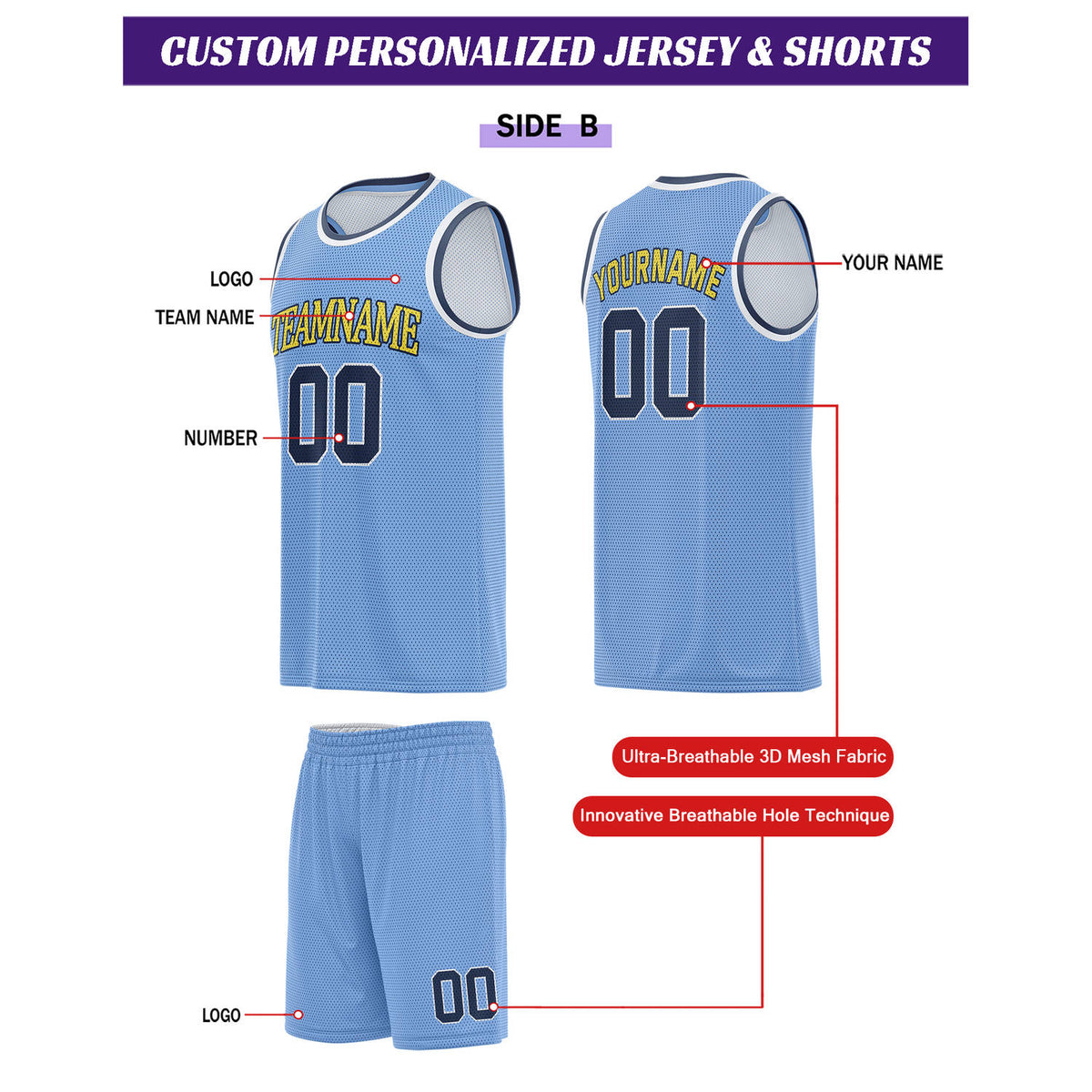 Custom Reversible White & Light Blue Basketball Uniform Set | Personalized for Team Sports Practice - Vosoli