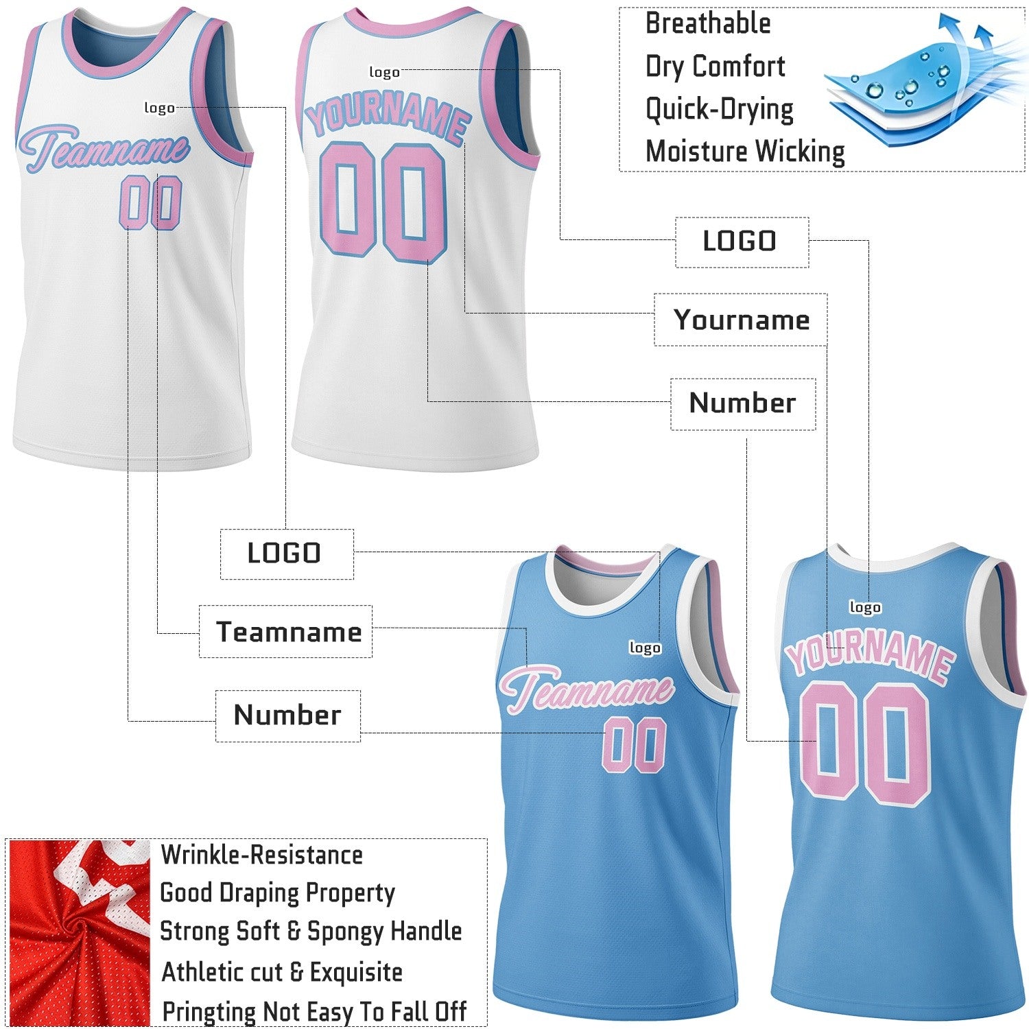 Custom Reversible White & Light Blue Basketball Jersey | Personalized Team Jersey | Vosoli
