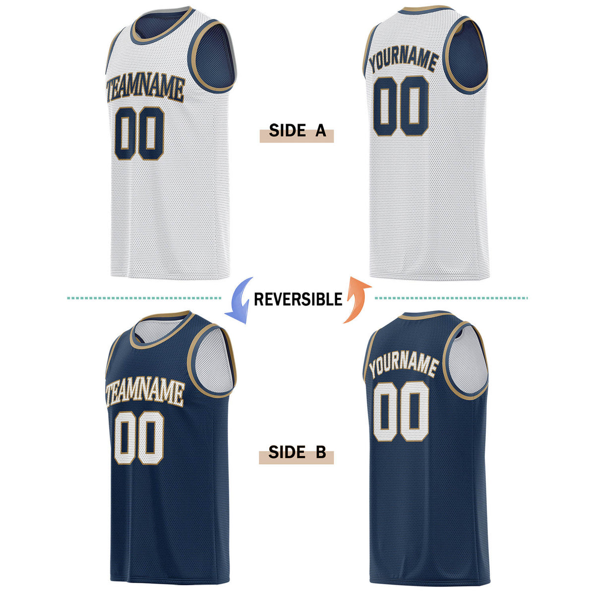 Custom Reversible White & Navy Basketball Jersey | Personalized for Team Sports - Vosoli