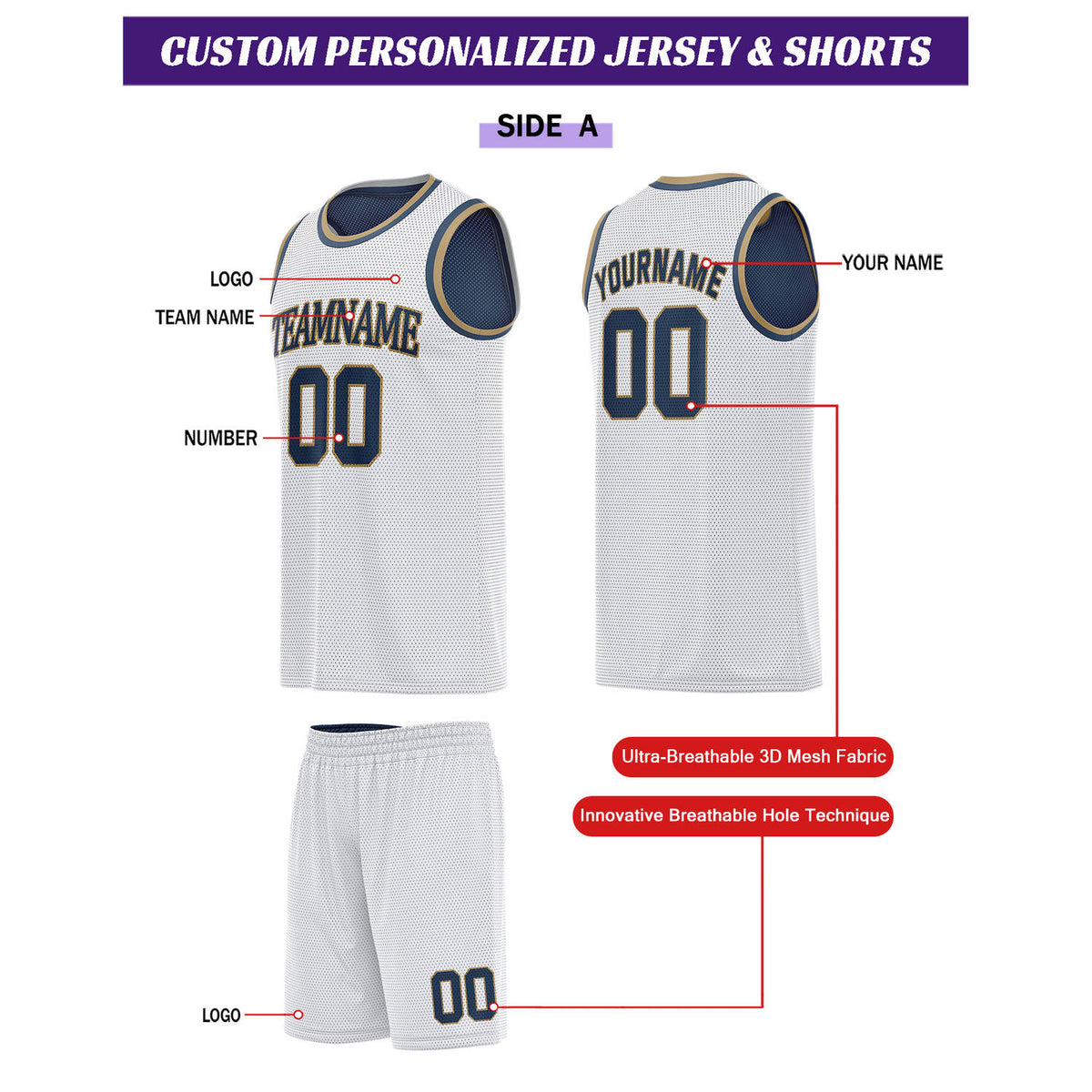 Custom Reversible White & Navy Basketball Uniform Set | Personalized for Team Sports Practice - Vosoli