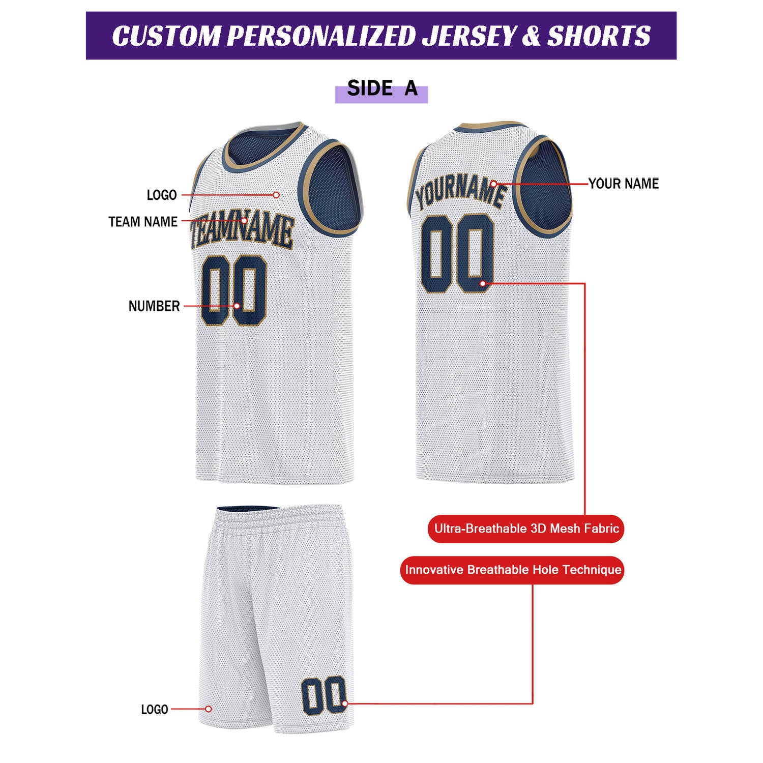 Custom Reversible White & Navy Basketball Uniform Set | Personalized for Team Sports Practice - Vosoli