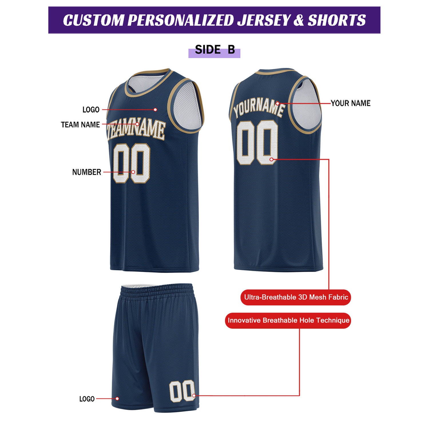Custom Reversible White & Navy Basketball Uniform Set | Personalized for Team Sports Practice - Vosoli