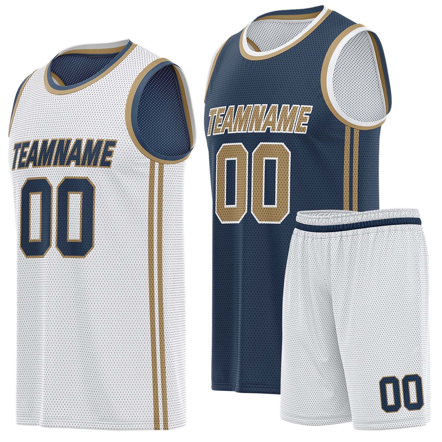 Custom reversible white & navy blue basketball uniform (jersey + shorts), personalized team name number logo breathable mesh sports set for men women youth game practice - Vosoli