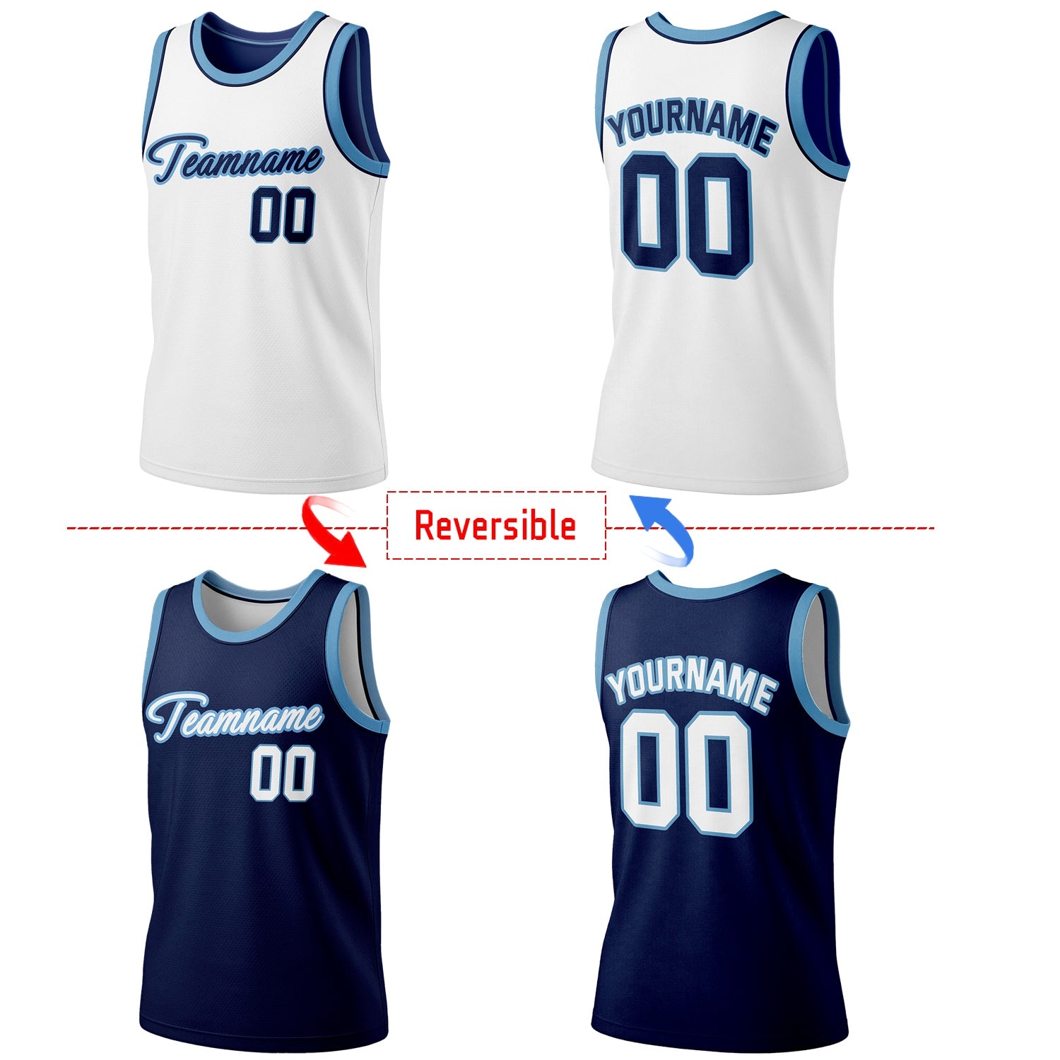 Custom reversible white & navy blue basketball jersey, personalized script team name number Logo breathable sports top for men women youth Adult game practice - Vosoli