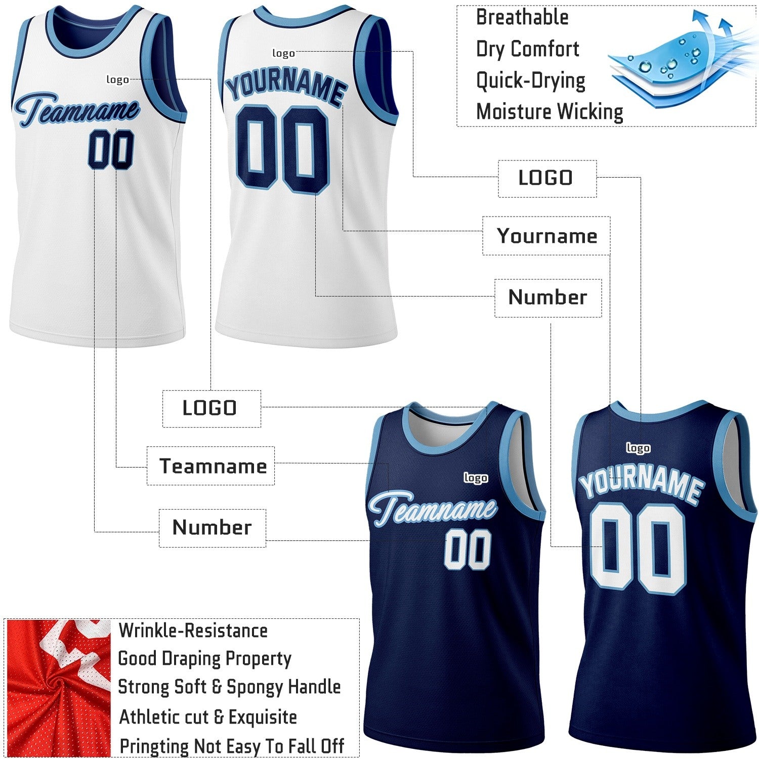 Custom Reversible White & Navy Blue Basketball Jersey | Personalized Team Jersey | Vosoli