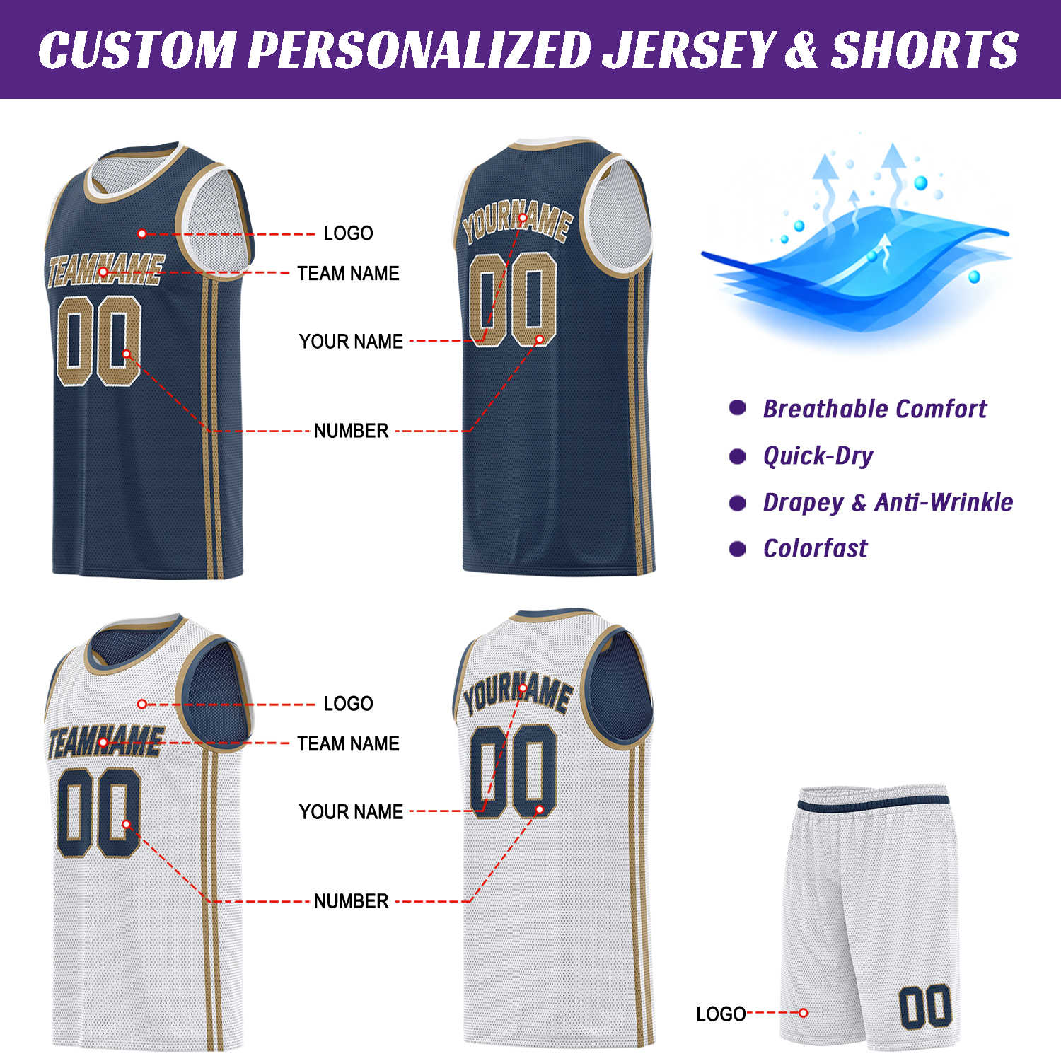 Custom Reversible White & Navy-Gold Basketball Uniform | Jersey & Shorts Set - Vosoli