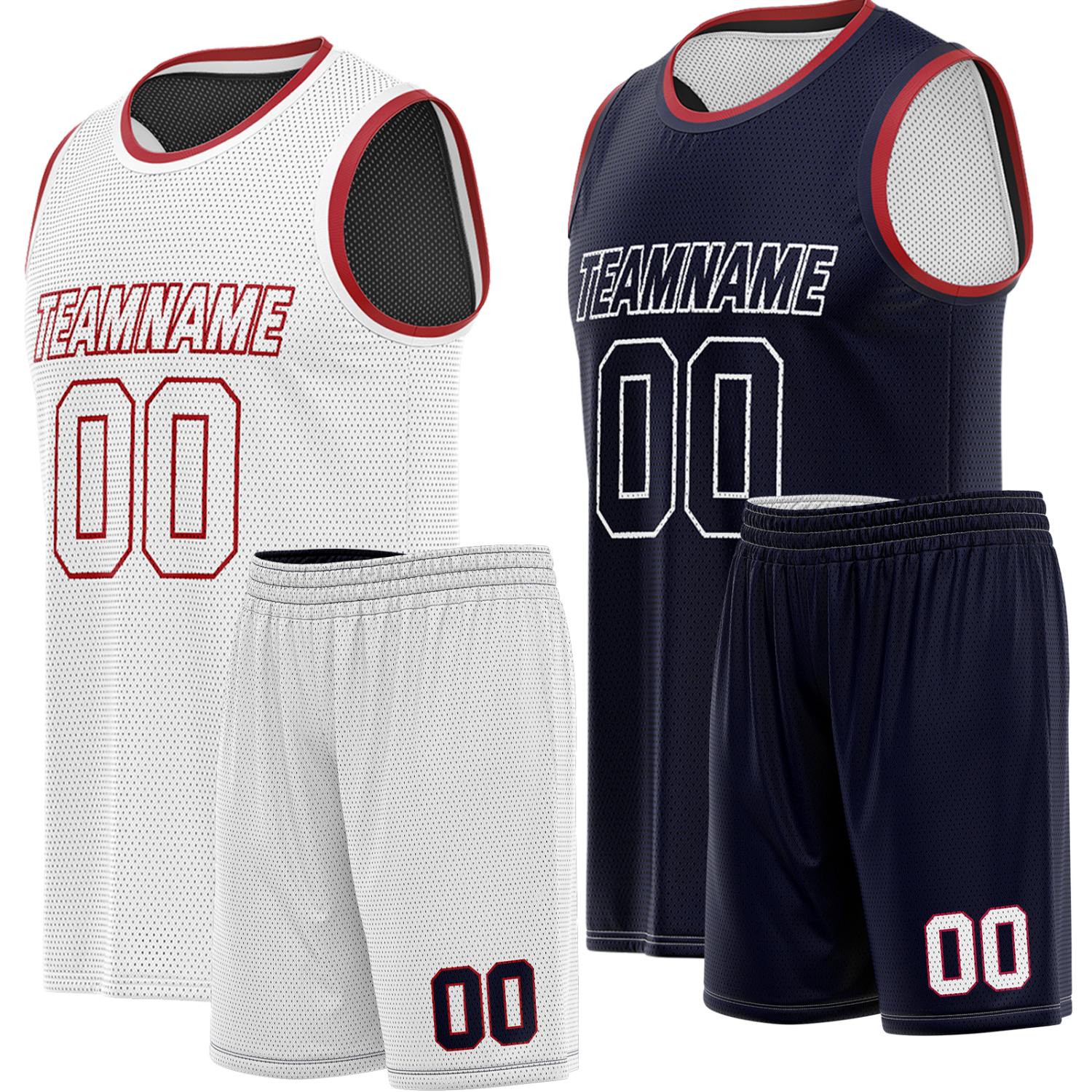 Custom reversible white & navy basketball uniform, personalized team name number Logo breathable Mesh sports set for men women youth Adult game practice - Vosoli