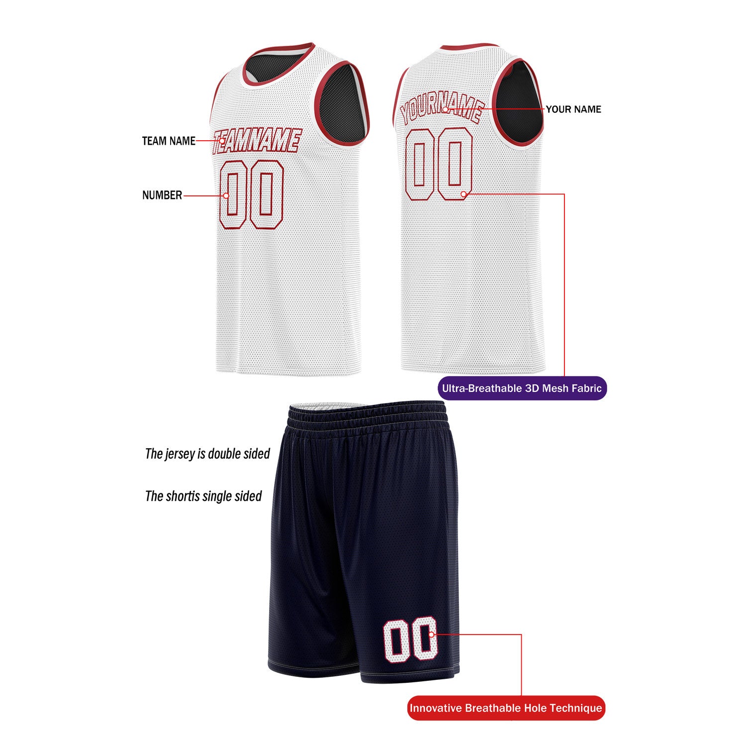 Custom Reversible White & Navy Basketball Uniform (Jersey + Shorts) | Personalized Team Set | Vosoli