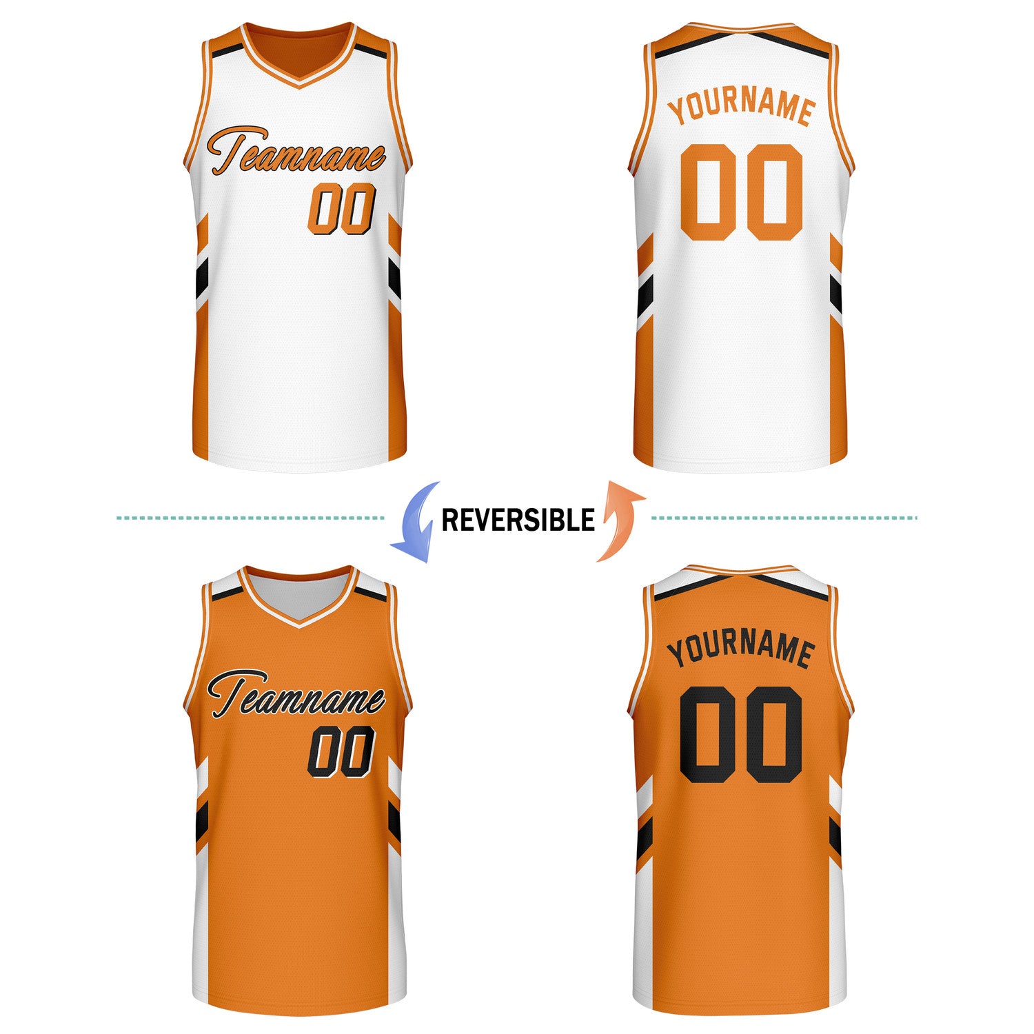 Custom reversible white orange basketball jersey, personalized team name number logo breathable mesh sports top for men women youth game practice wear - Vosoli