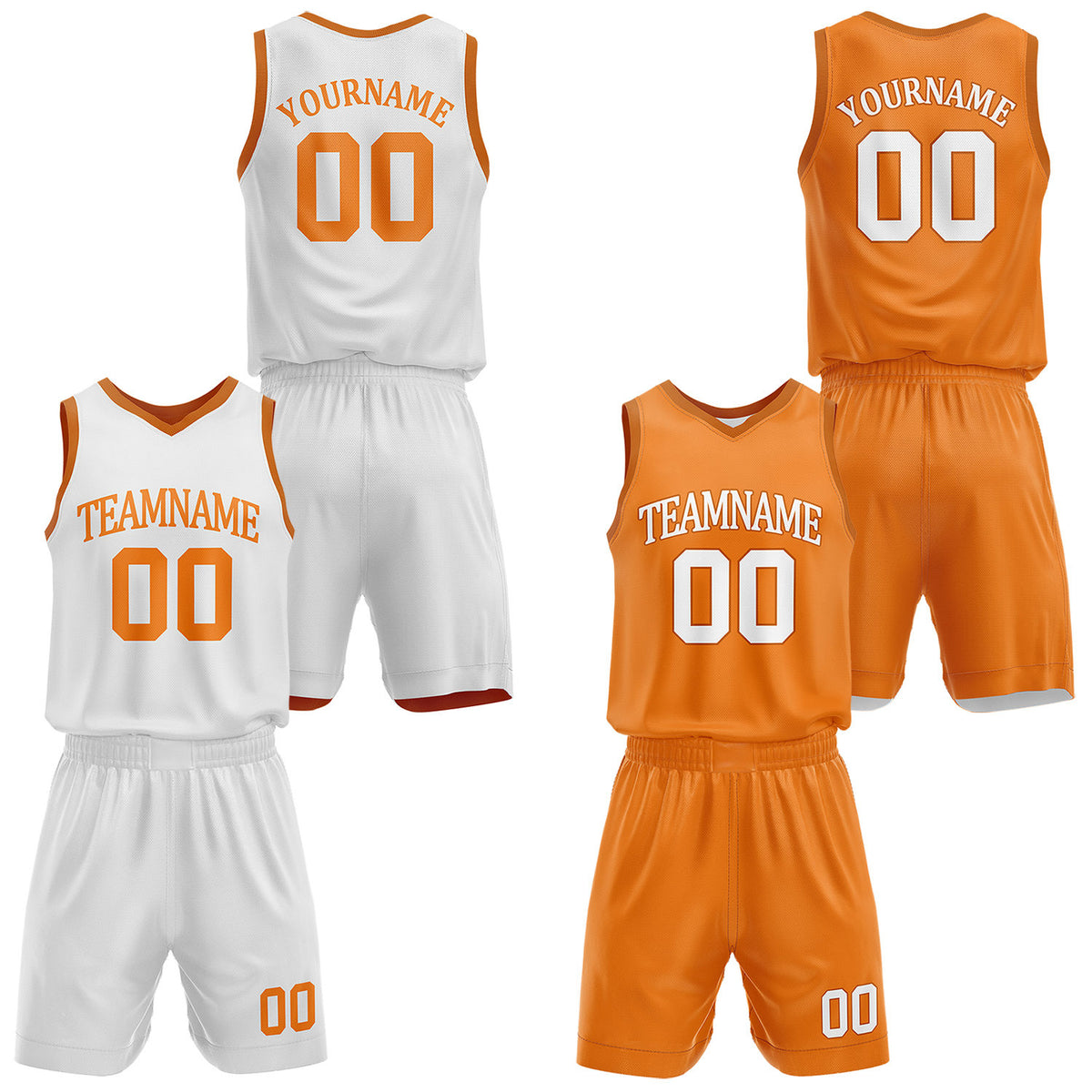 Custom reversible white &amp; orange basketball uniform set, personalized with team name number and logo, sports jersey and shorts for men women youth game practice - Vosoli