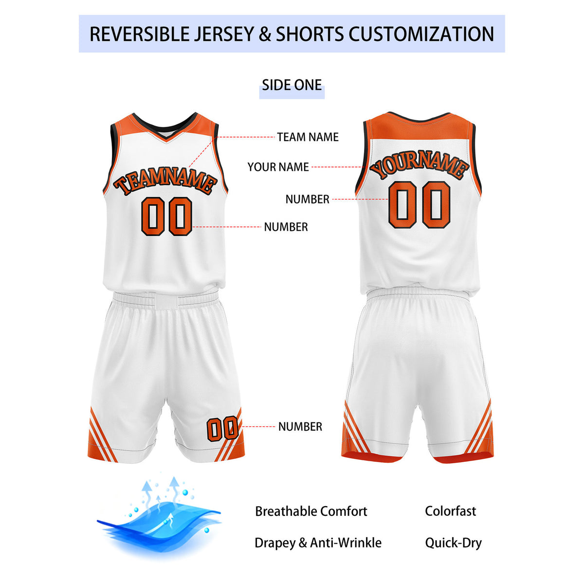 Custom Reversible White Orange Basketball Uniform Set | Team Name & Number - Vosoli