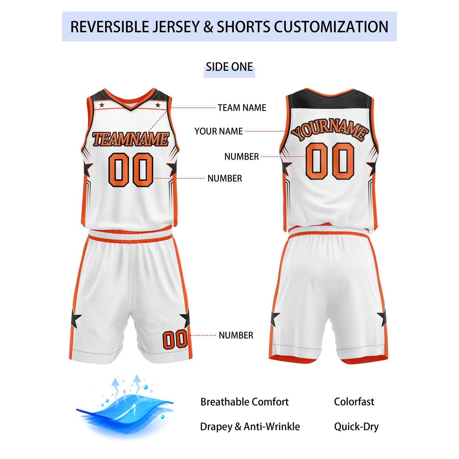 Custom Reversible White Orange Star Basketball Uniform Set | Team Name & Number - Vosoli