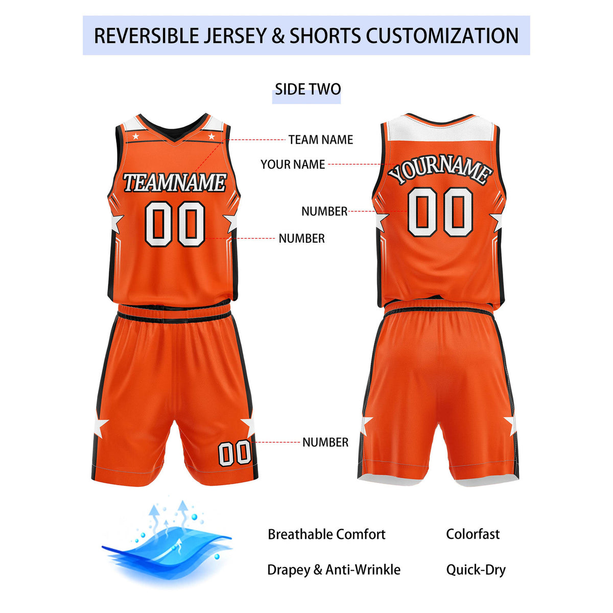 Custom Reversible White Orange Star Basketball Uniform Set | Team Name & Number - Vosoli