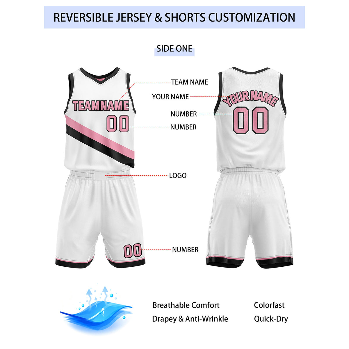 Custom Reversible White Pink Basketball Uniform Set | Team & Player Name - Vosoli
