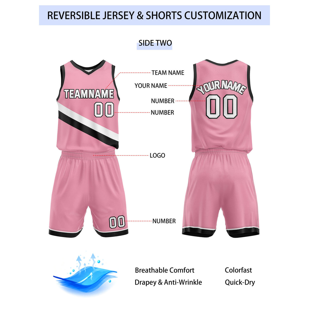 Custom Reversible White Pink Basketball Uniform Set | Team & Player Name - Vosoli