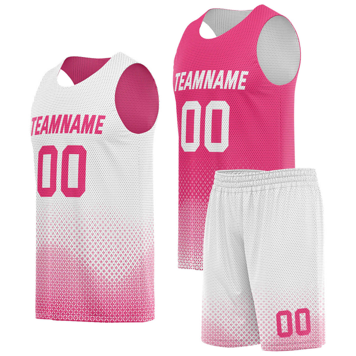 Custom reversible white pink basketball uniform, personalized team name number logo breathable Mesh sports set for men women youth game practice wear - Vosoli
