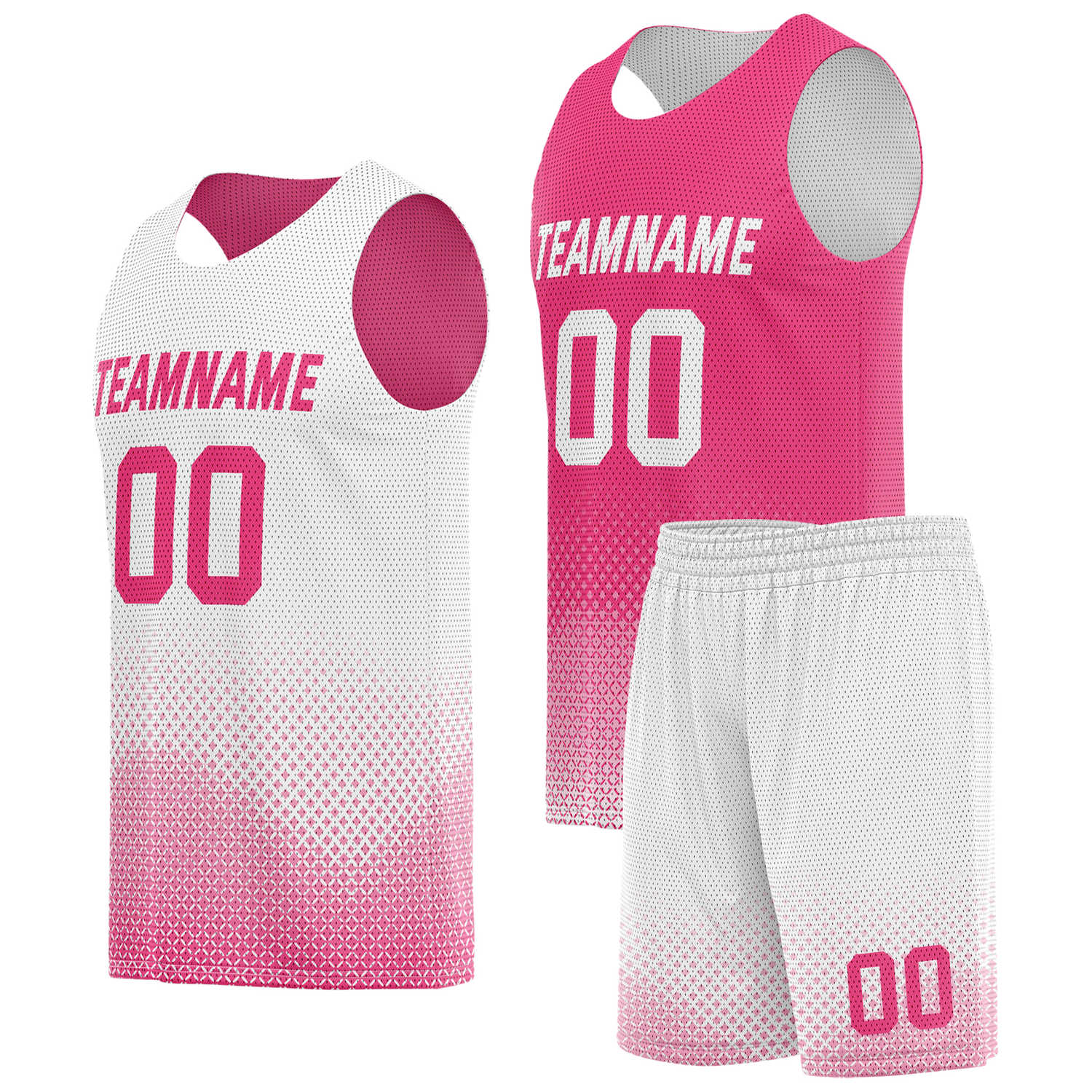 Custom reversible white pink basketball uniform, personalized team name number logo breathable Mesh sports set for men women youth game practice wear - Vosoli