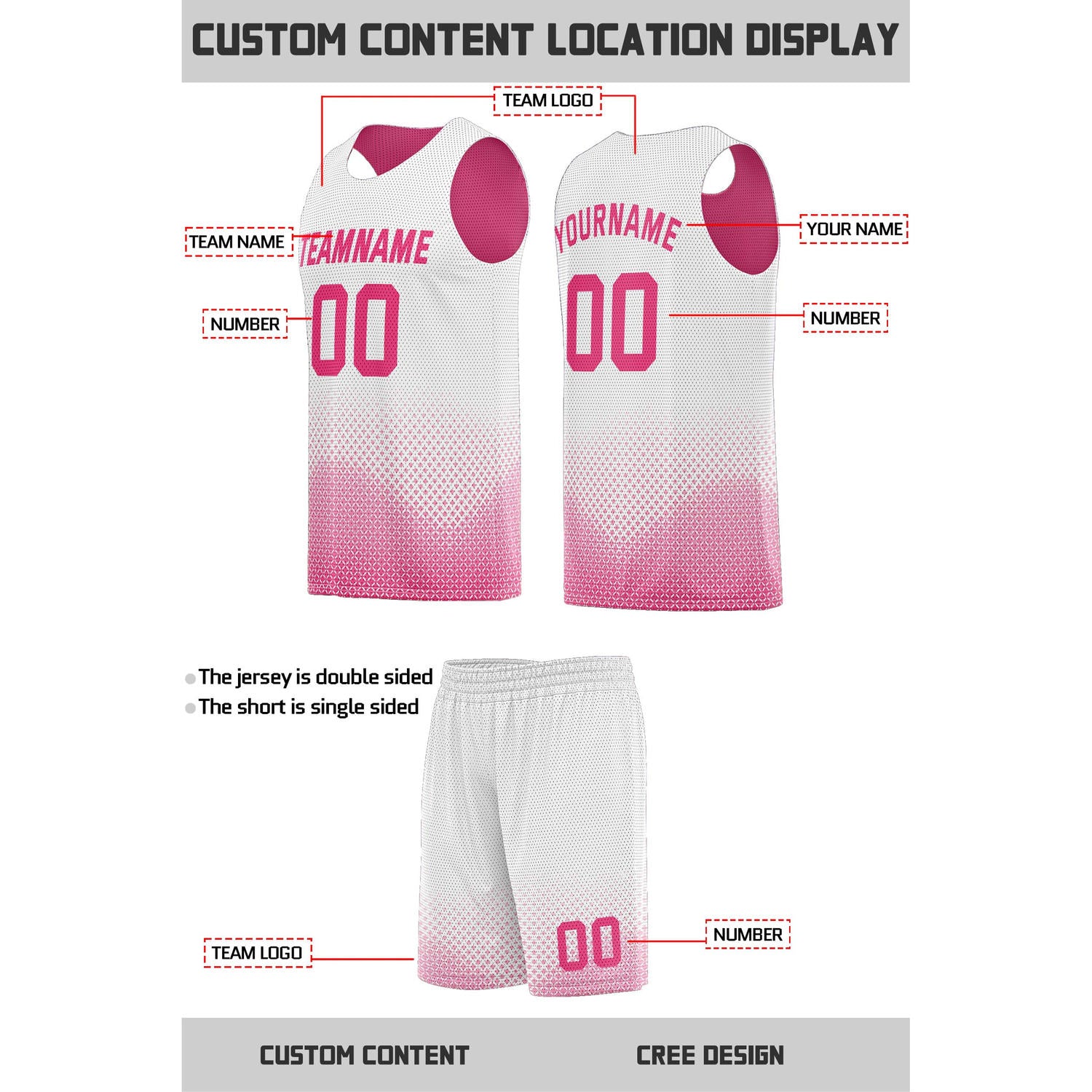 Custom reversible white pink basketball uniform, personalized team name number logo breathable Mesh sports set for men women youth game practice wear - Vosoli