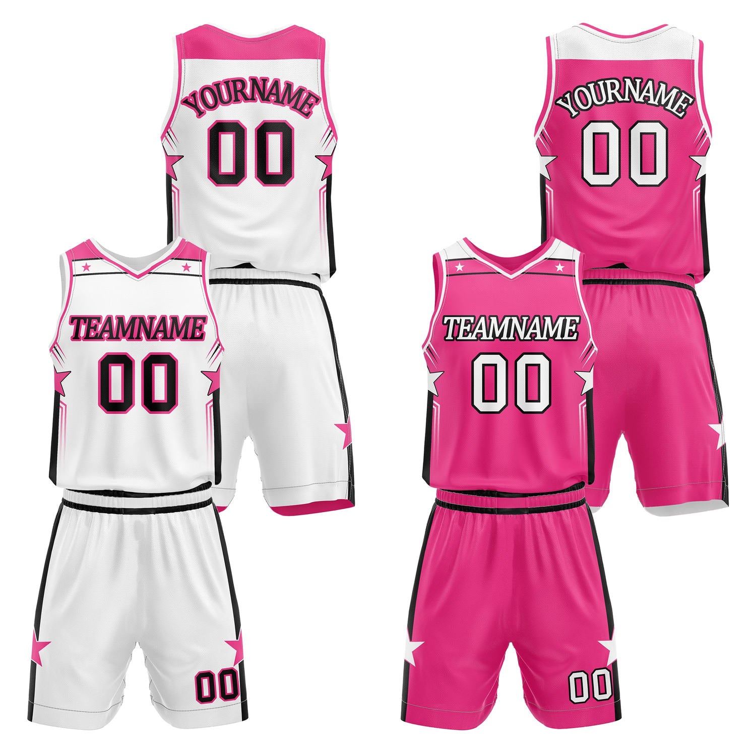 Custom reversible white & pink basketball uniform set, personalized with team name number and logo, breathable mesh fabric for men women youth game practice - Vosoli