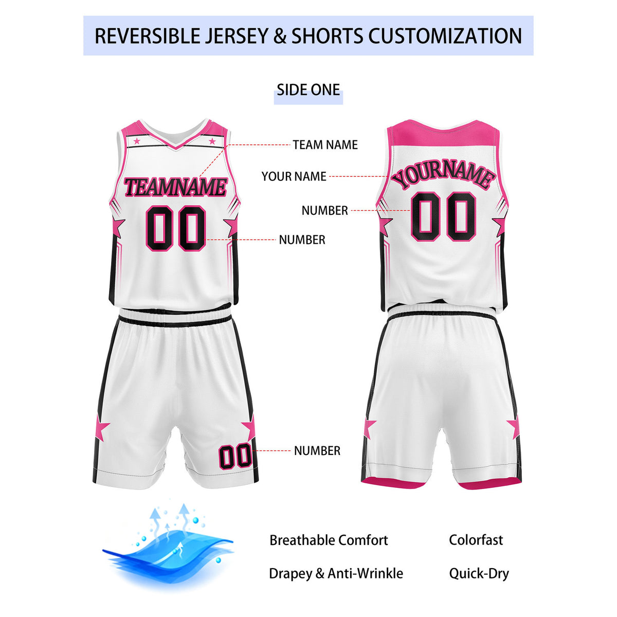Custom Reversible White Pink Star Basketball Uniform Set | Team Name & Number - Vosoli