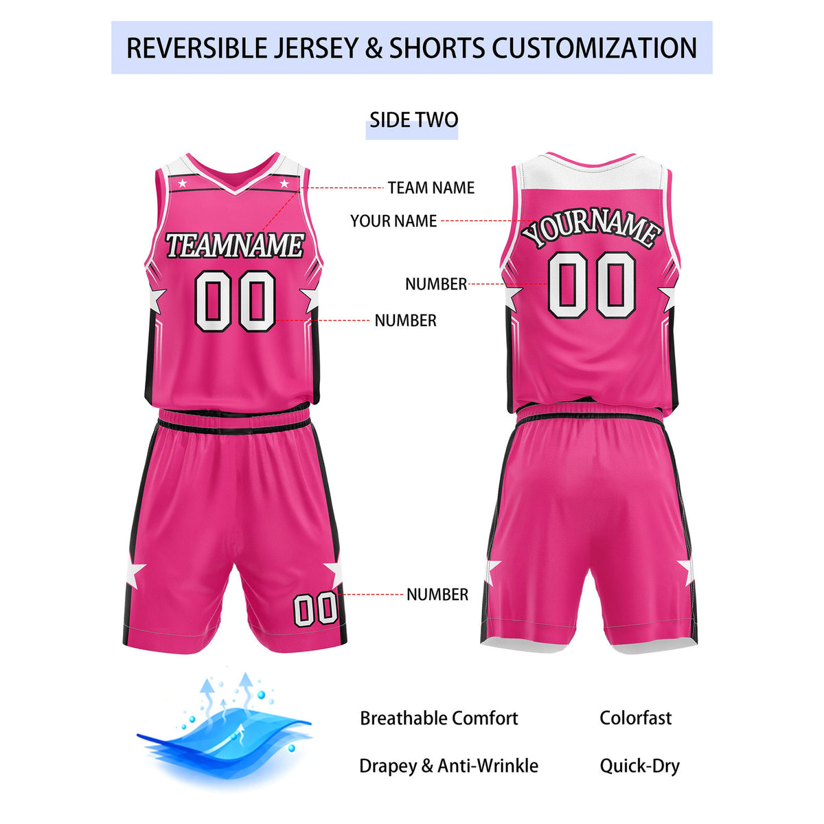 Custom Reversible White Pink Star Basketball Uniform Set | Team Name & Number - Vosoli
