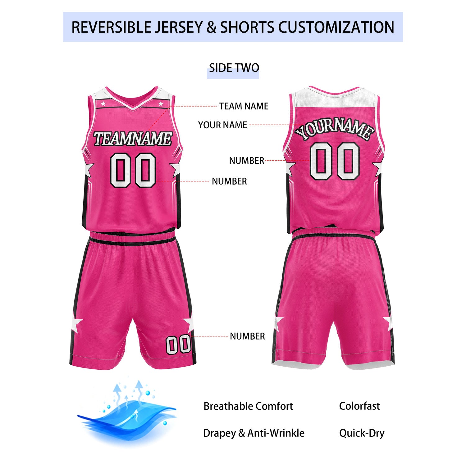 Custom Reversible White Pink Star Basketball Uniform Set | Team Name & Number - Vosoli