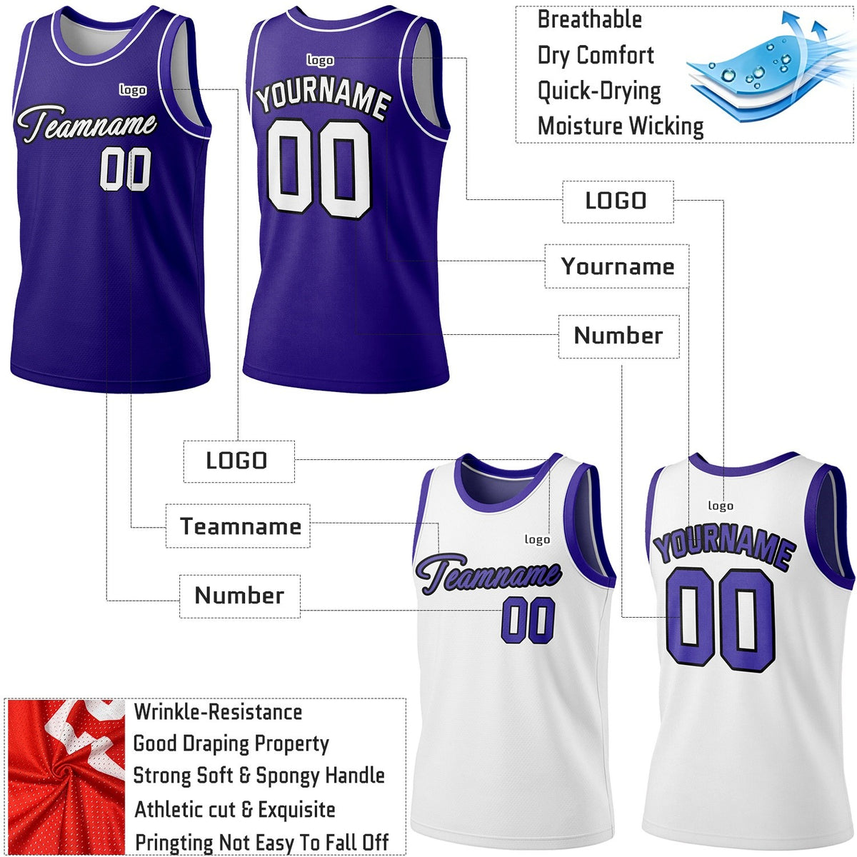 Custom Reversible White & Purple Basketball Jersey | Personalized Team Jersey | Vosoli