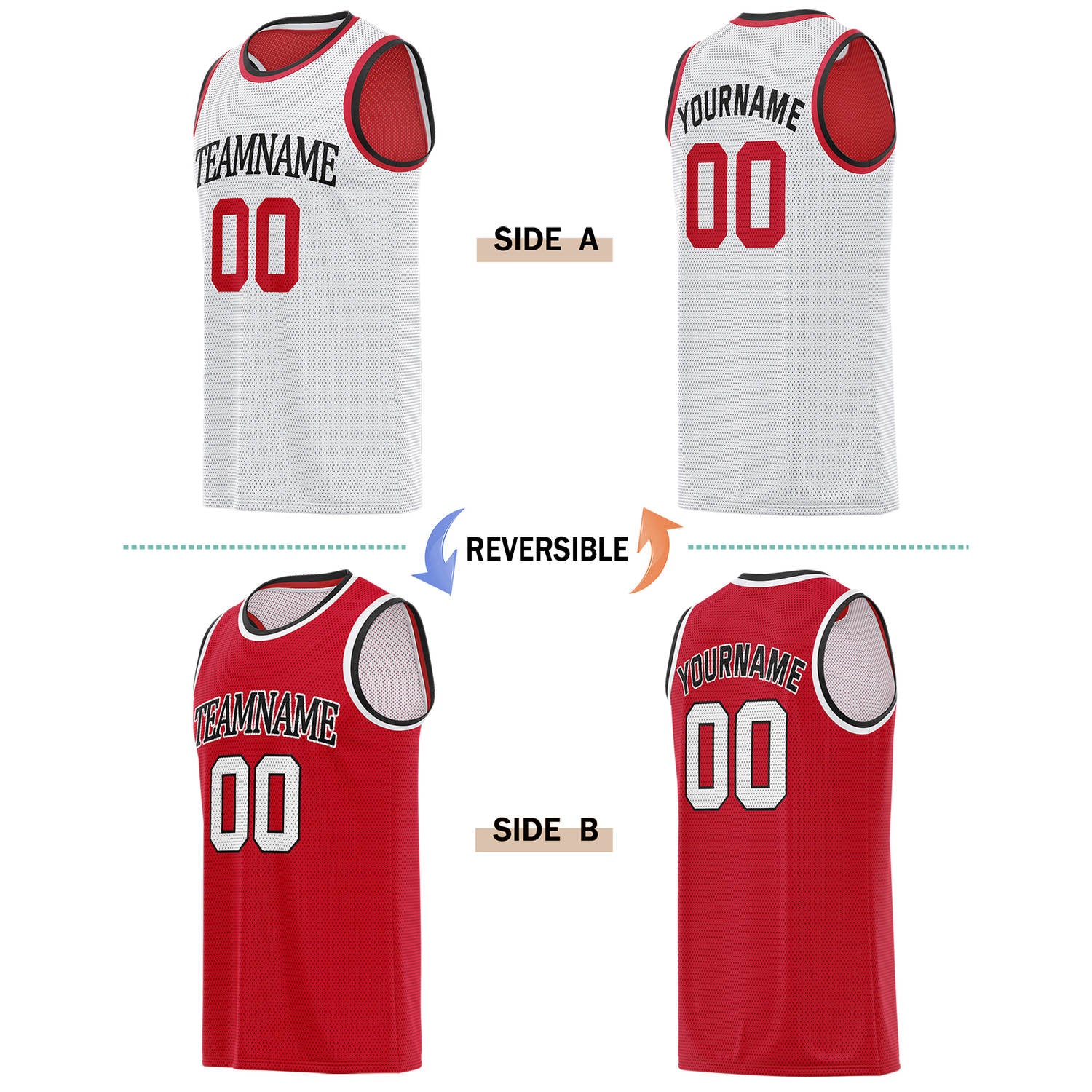 Custom Reversible White & Red Basketball Jersey | Personalized for Team Sports - Vosoli