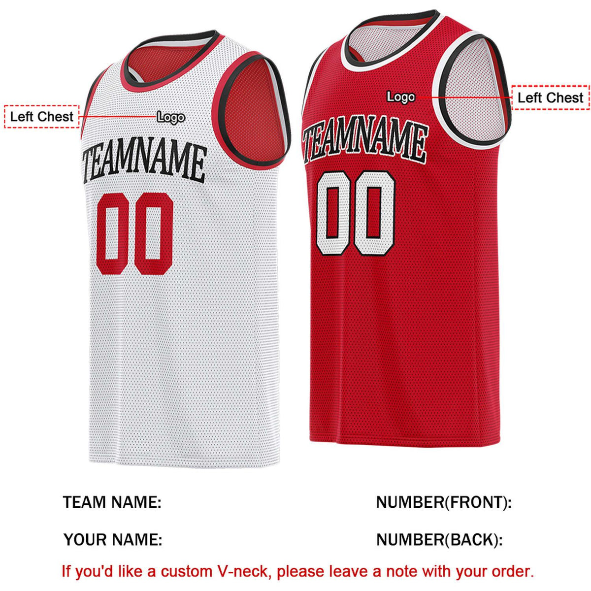 Custom Reversible White & Red Basketball Jersey | Personalized for Team Sports - Vosoli