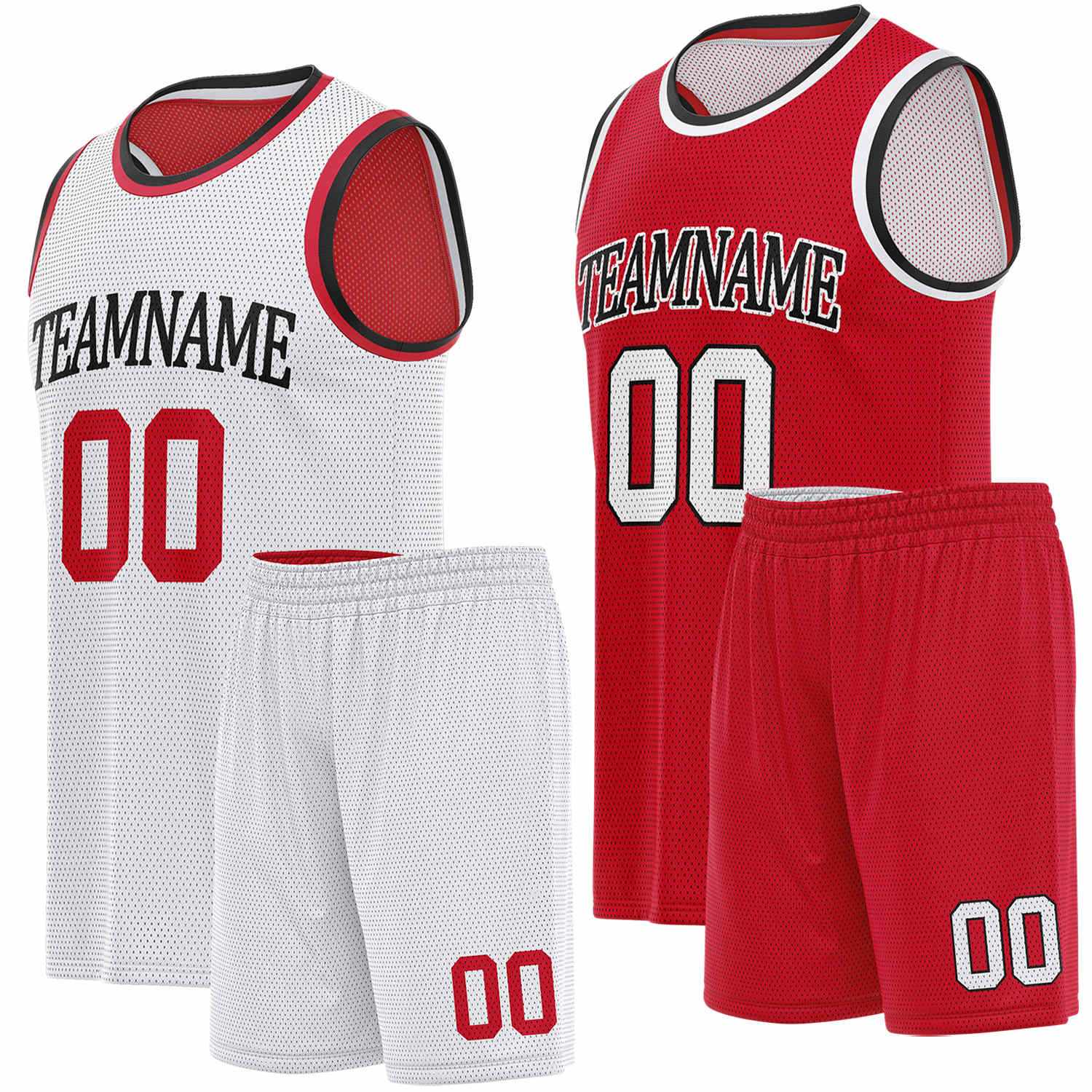 Custom reversible white & red basketball uniform set, personalized team name number logo breathable mesh sports jersey and shorts for men women youth game practice - Vosoli