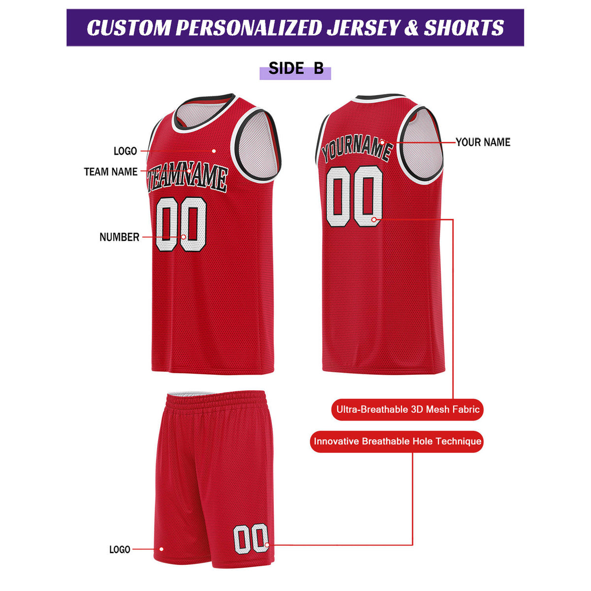 Custom Reversible White & Red Basketball Uniform Set | Personalized for Team Sports Practice - Vosoli