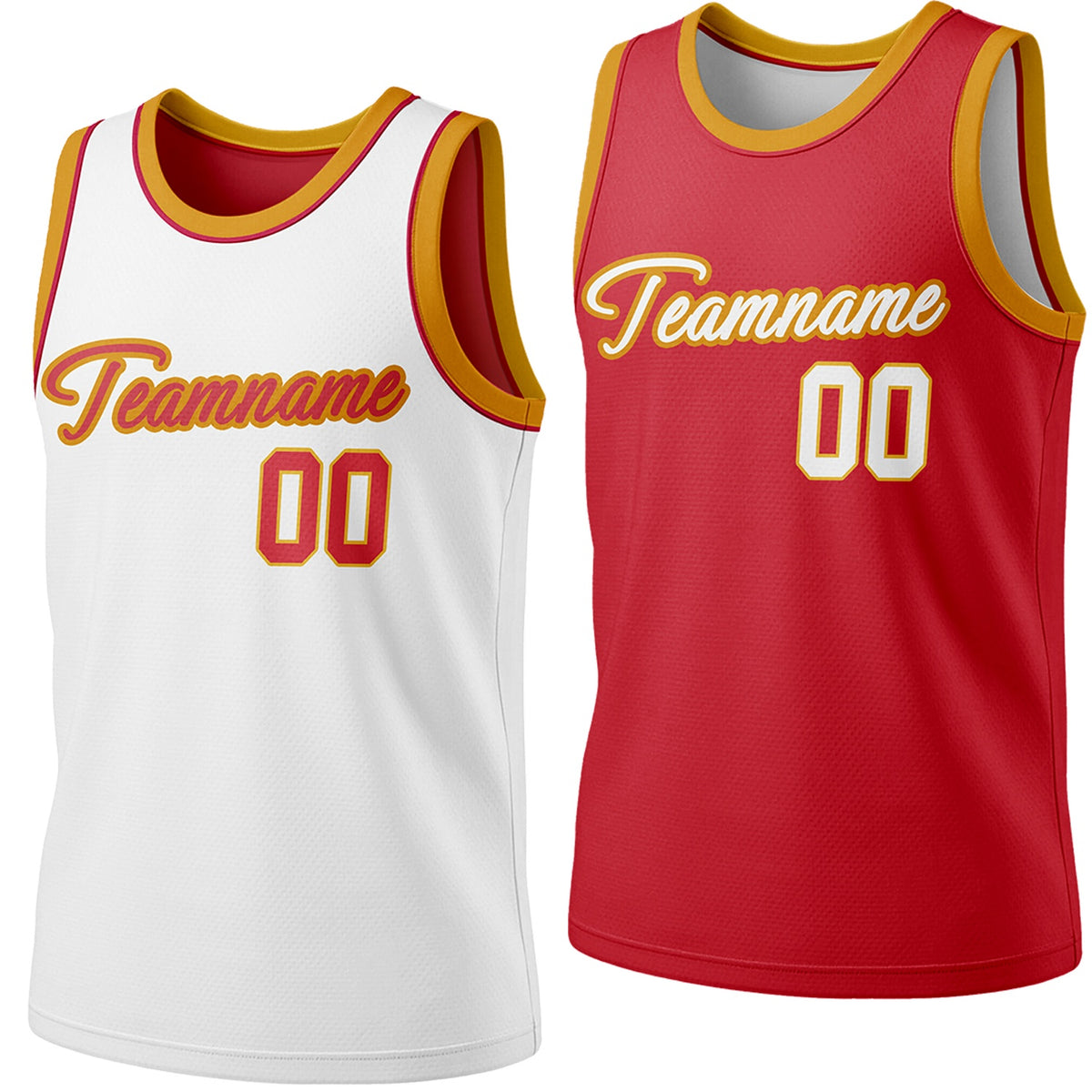 Custom reversible white &amp; red basketball jersey, personalized script team name number Logo breathable sports top (with gold accents) for men women youth Adult game practice - Vosoli