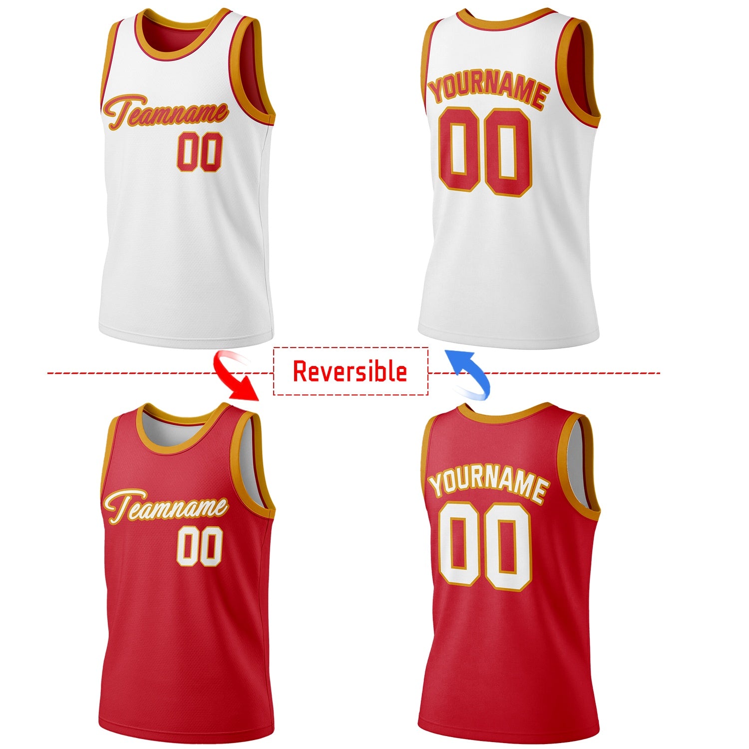 Custom reversible white & red basketball jersey, personalized script team name number Logo breathable sports top (with gold accents) for men women youth Adult game practice - Vosoli