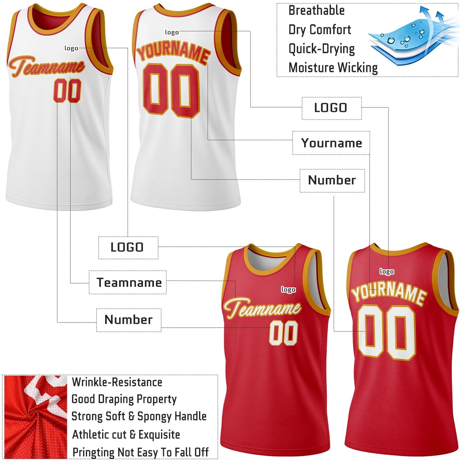 Custom Reversible White & Red Basketball Jersey | Personalized Team Jersey | Vosoli