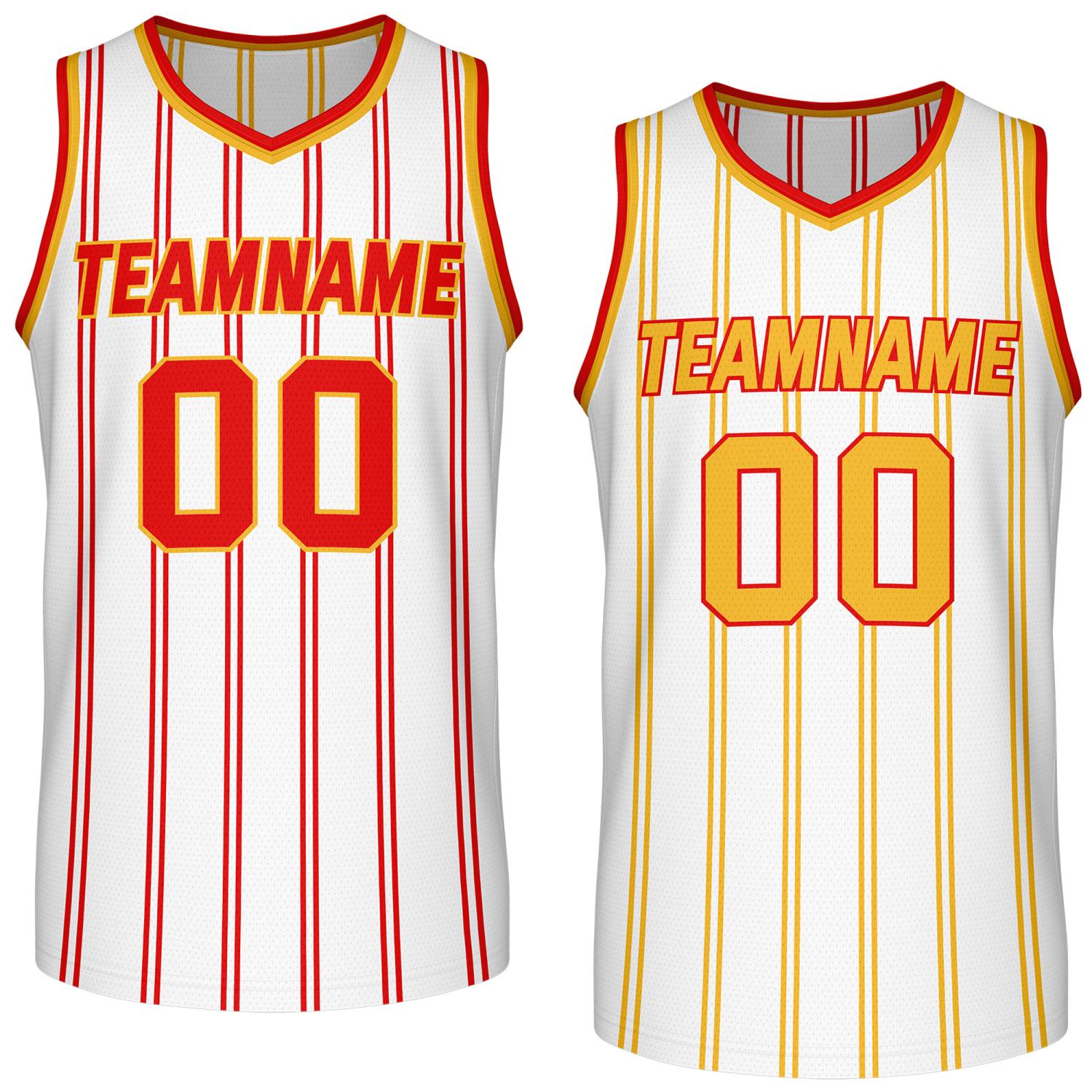 Custom Reversible White Red Yellow Striped Basketball Jersey | Team Name & Number - Vosoli