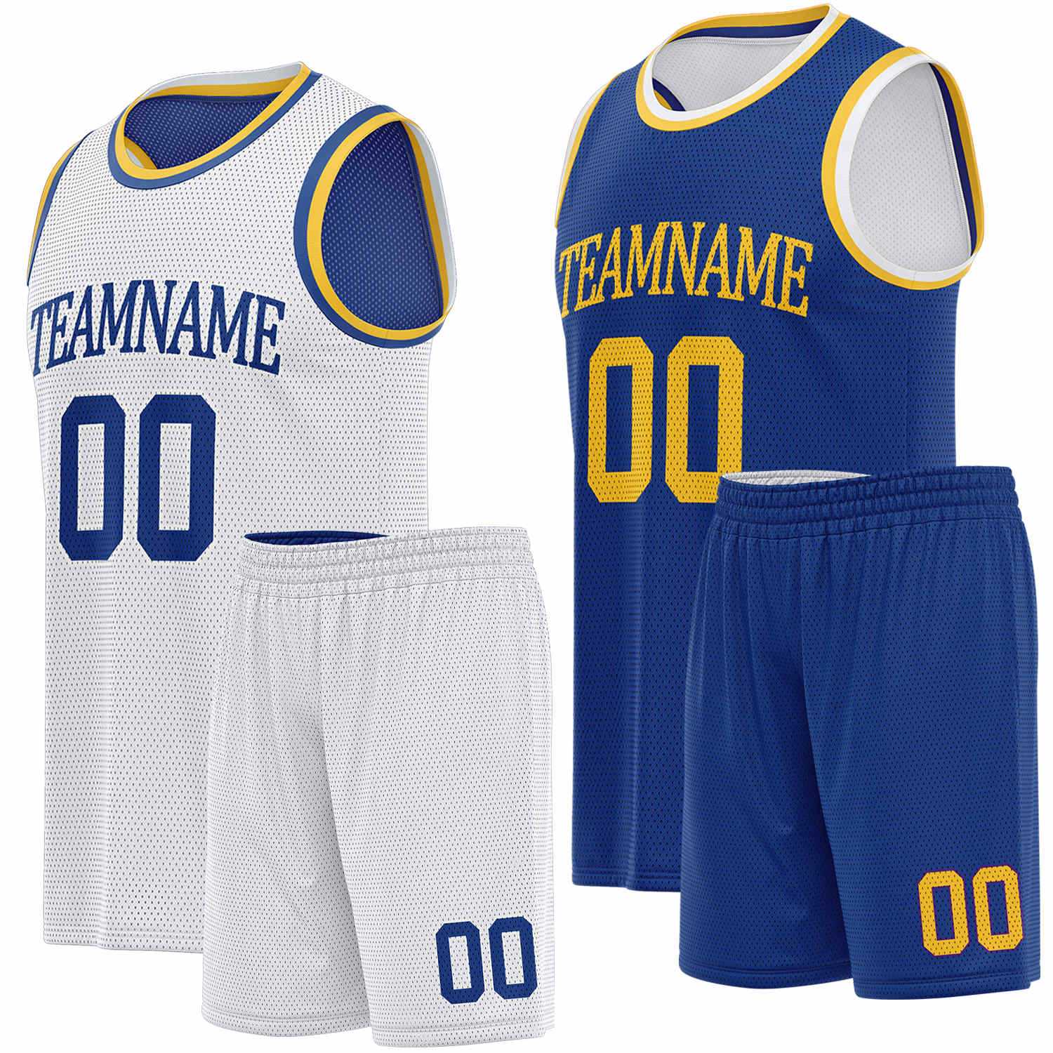 Custom reversible white & blue basketball uniform set, personalized team name number logo breathable mesh sports jersey and shorts for men women youth game practice - Vosoli