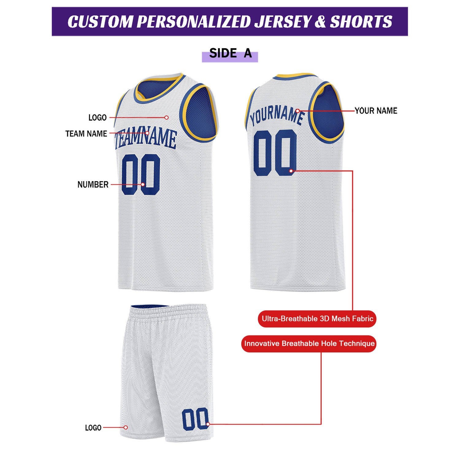 Custom Reversible White & Royal Blue Basketball Uniform Set | Personalized for Team Sports Practice - Vosoli