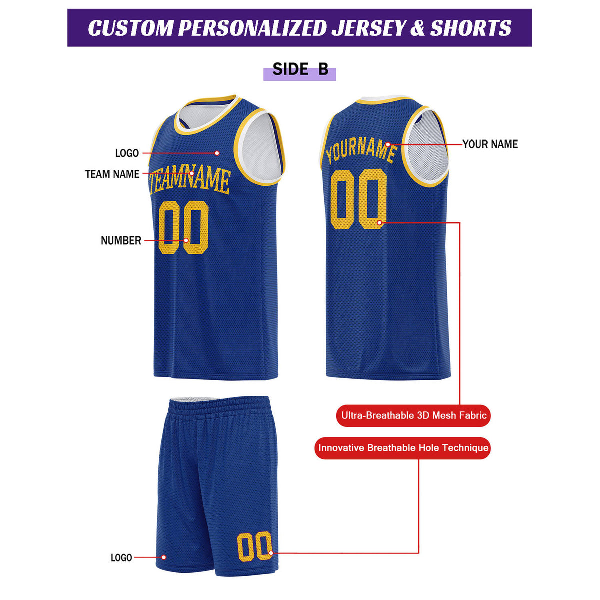 Custom Reversible White & Royal Blue Basketball Uniform Set | Personalized for Team Sports Practice - Vosoli