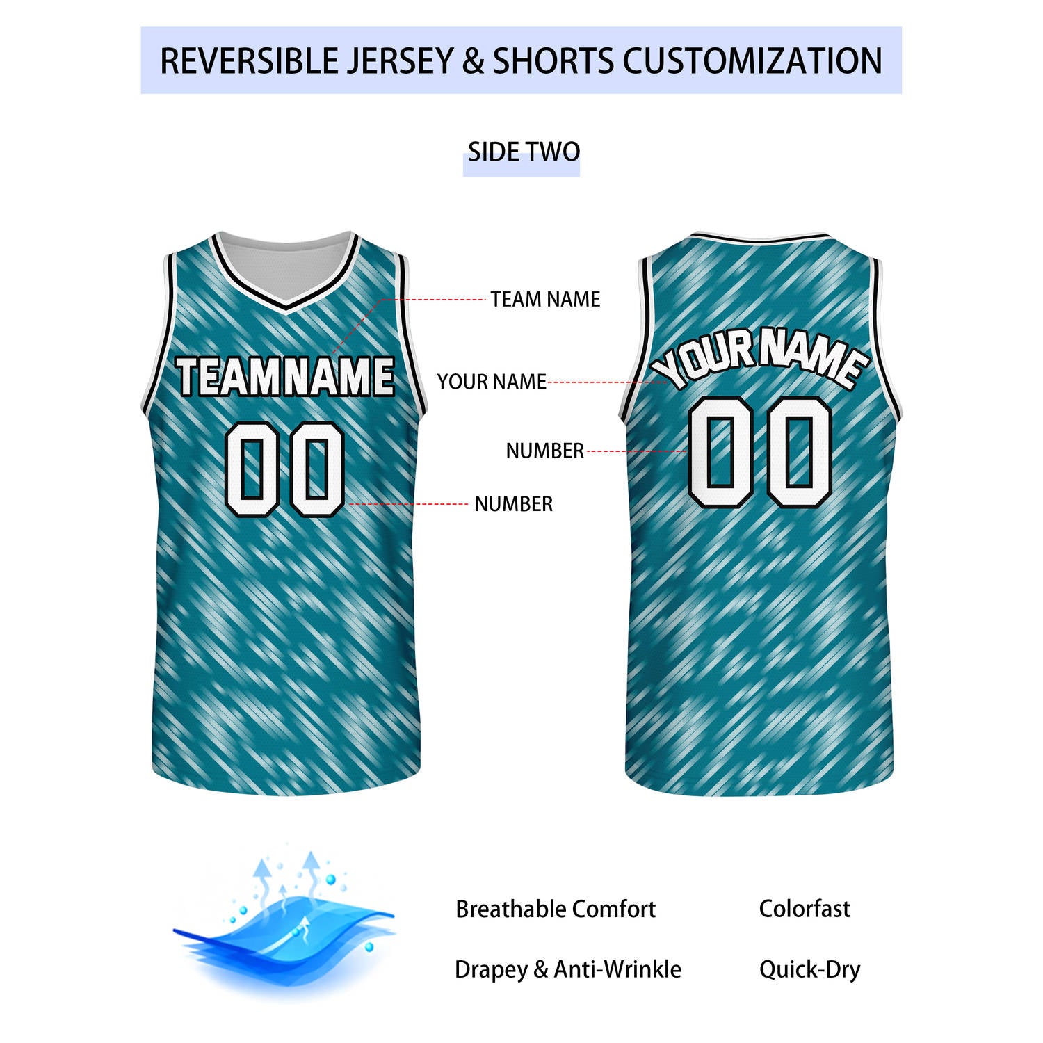 Custom Reversible White Teal Stripe Basketball Jersey | Team & Player Name - Vosoli