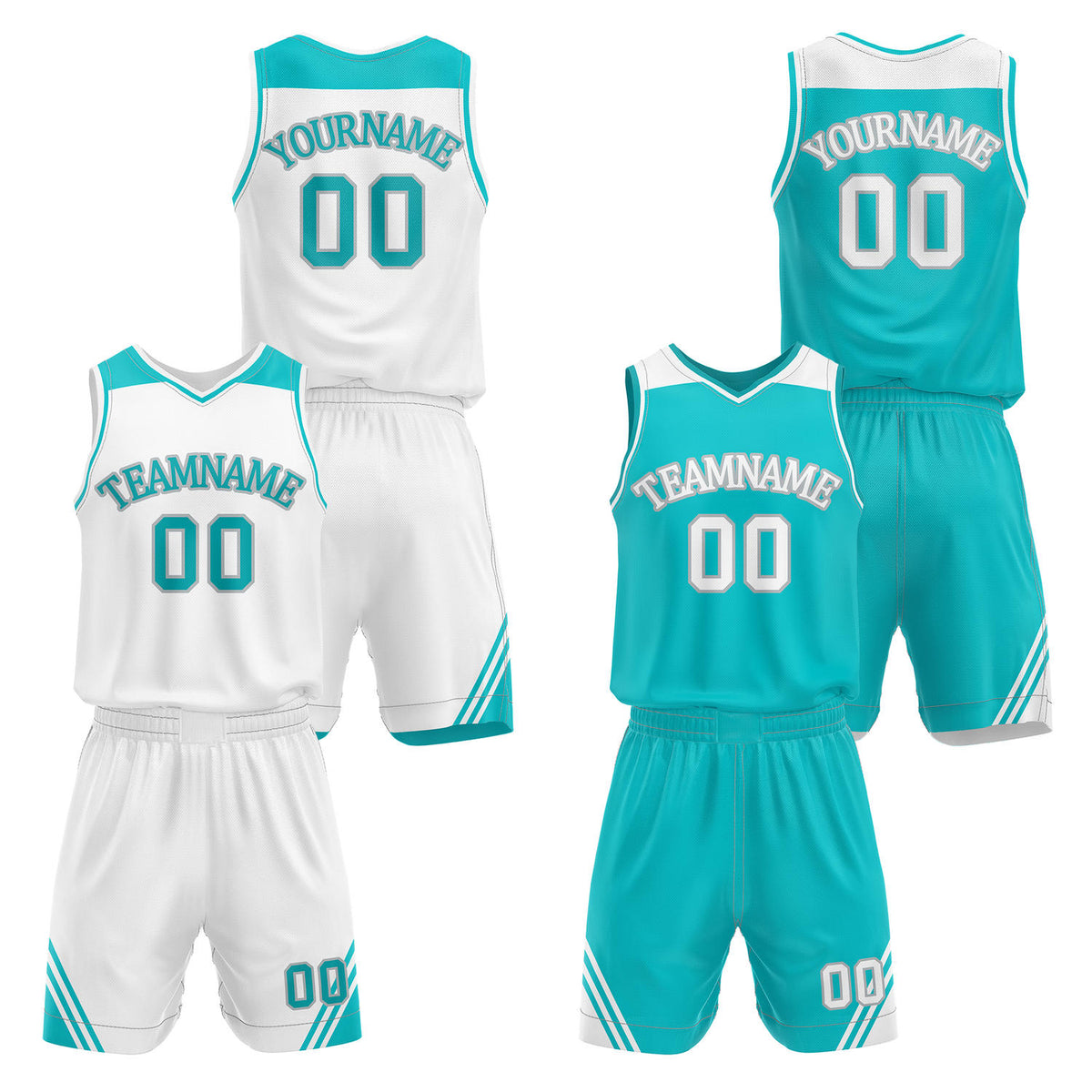 Custom reversible white &amp; turquoise basketball uniform set, personalized with team name number and logo, breathable mesh fabric for men women youth game practice - Vosoli