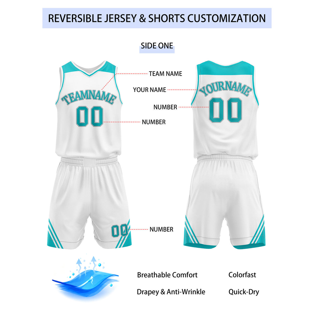 Custom Reversible White Turquoise Basketball Uniform Set | Team Name & Number - Vosoli