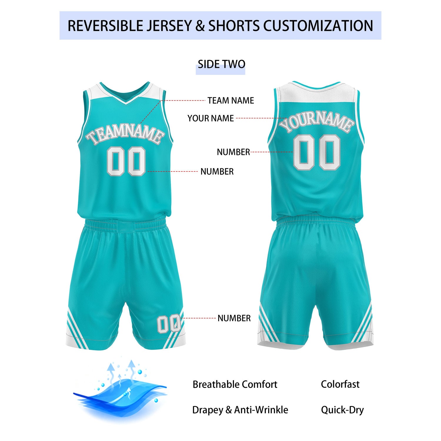 Custom Reversible White Turquoise Basketball Uniform Set | Team Name & Number - Vosoli