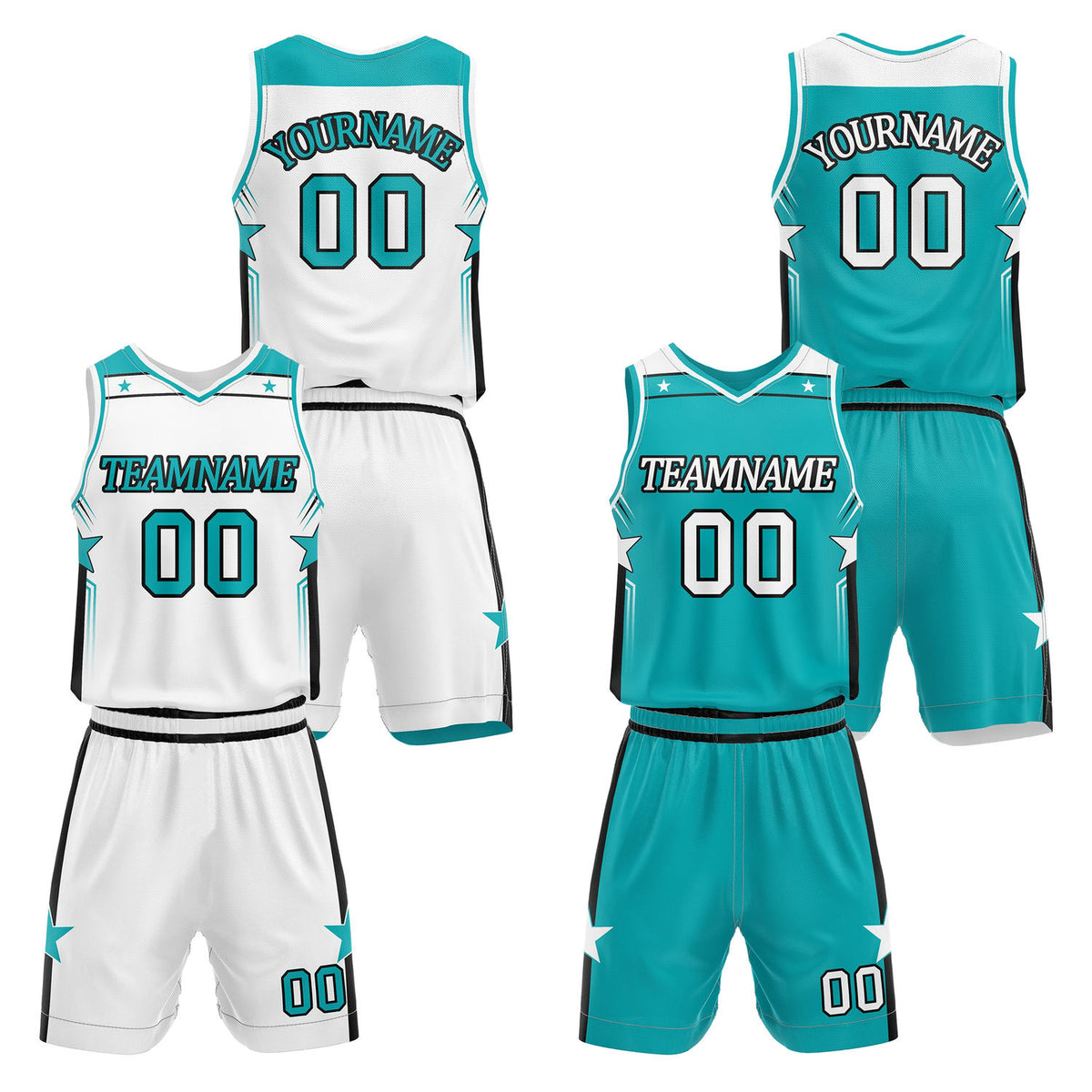 Custom reversible white &amp; turquoise basketball uniform set, personalized with team name number and logo, breathable mesh fabric for men women youth game practice - Vosoli